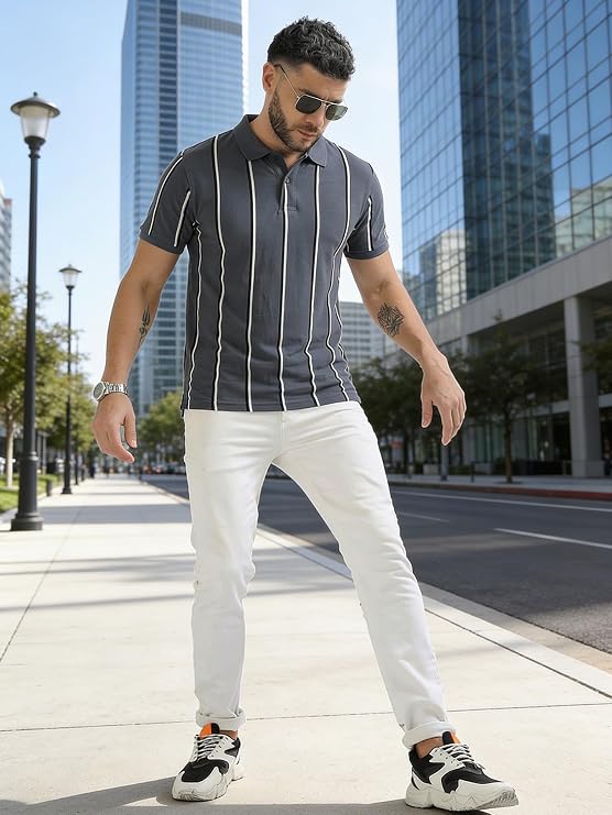 Fynodez Men's Half Sleeve Cotton Striped Polo T-Shirt | Branded Polo T-Shirt for Men