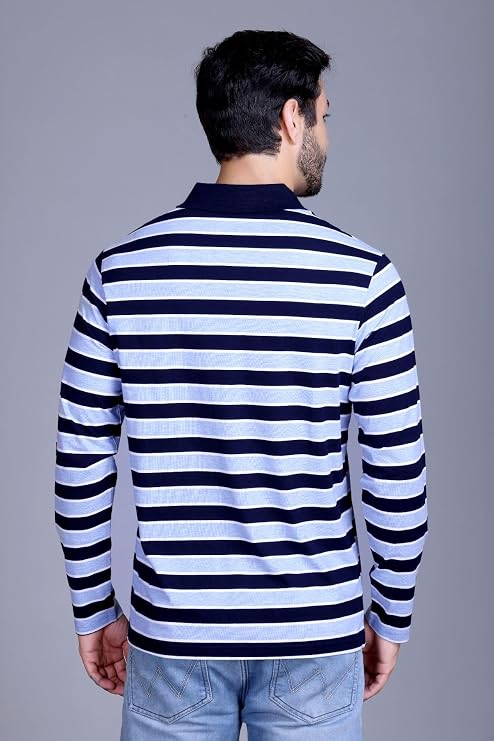 Savren Originals Men's Full-Sleeve Polo T-Shirt with Pocket, Stripe Collar & Cuffs