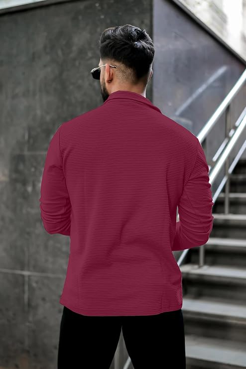 Kavero Men's Quarter Zip Pullover T-Shirt, Textured Ribbed Long Sleeve Mock Neck