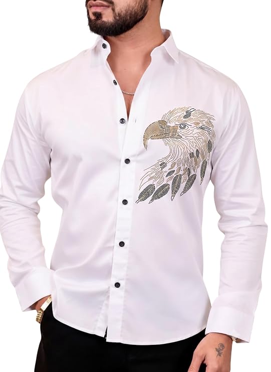 Mesawro Men's Satin Shirt with Eagle Rhinestone Design, Slim Fit Full Sleeve Shirt