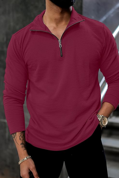 Kavero Men's Quarter Zip Pullover T-Shirt, Textured Ribbed Long Sleeve Mock Neck