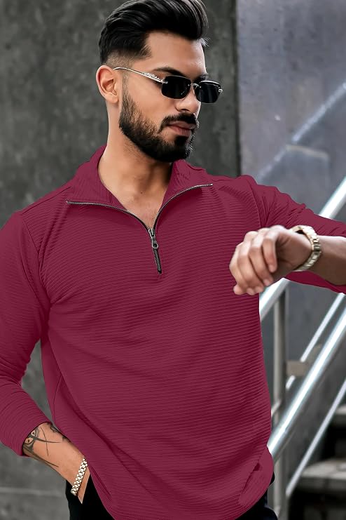 Kavero Men's Quarter Zip Pullover T-Shirt, Textured Ribbed Long Sleeve Mock Neck