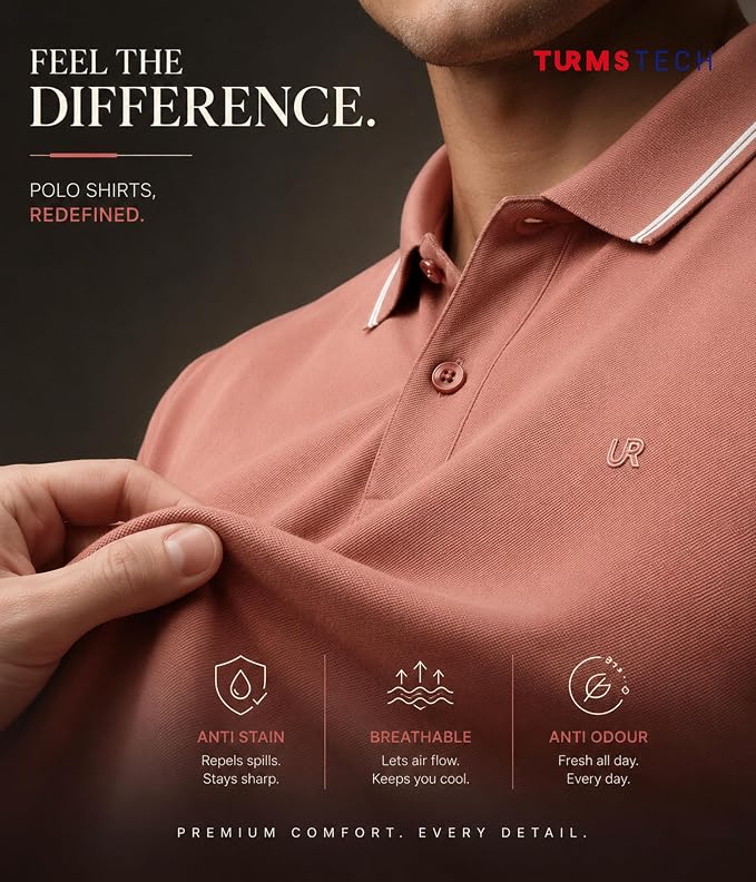 Turvex Men's Solid Polo T-Shirt, Odor Control, Stretchable & Breathable Cotton Rich Fabric