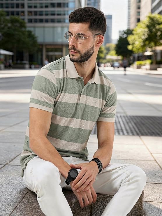Fexaro Men's Half Sleeve Cotton Striped Polo T-Shirt for Men, Casual Daily Regular Wear