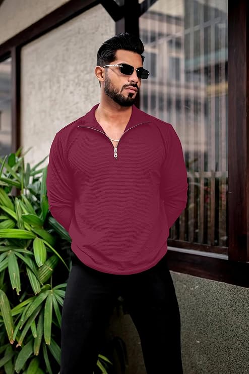 Kavero Men's Quarter Zip Pullover T-Shirt, Textured Ribbed Long Sleeve Mock Neck